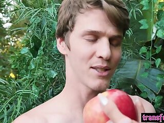 Sinful shemale Sage Roux in the Garden of Eden fucked by big cock first men